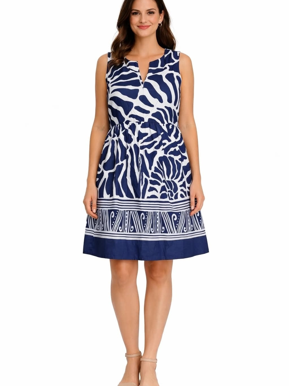 Kaktus Blue & White Cotton Tunic Dress Coastal Boho Summer Mini, Small